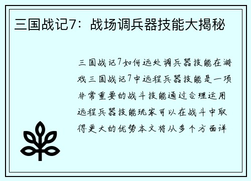 三国战记7：战场调兵器技能大揭秘